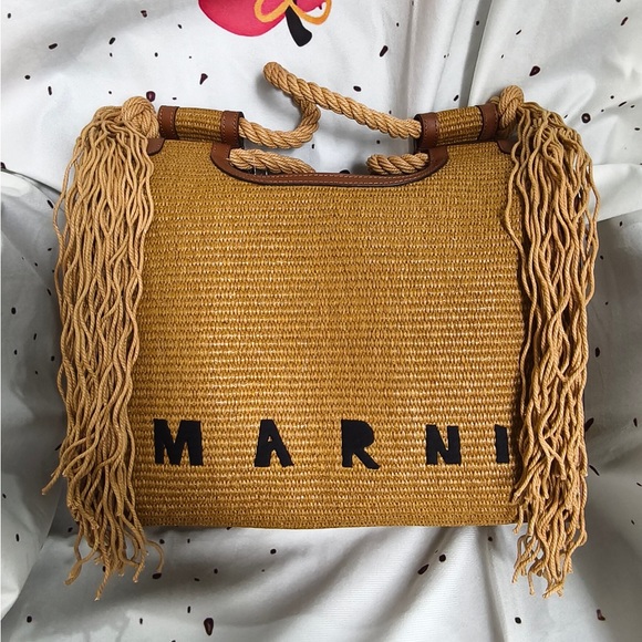 Marni Handbags - Marni Mustard Woven Tote with Braided Fringe